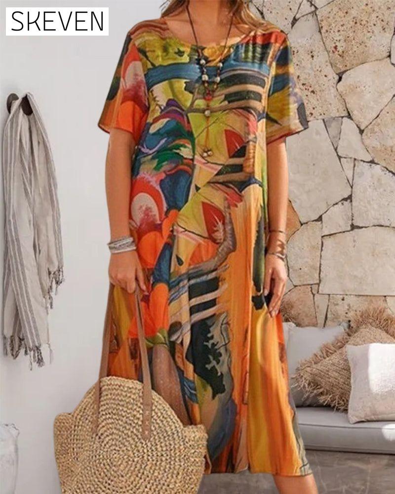 Round Neck Shift Dress in Geometric Print 23BF Casual Dresses Clothes Dresses Spring Summer