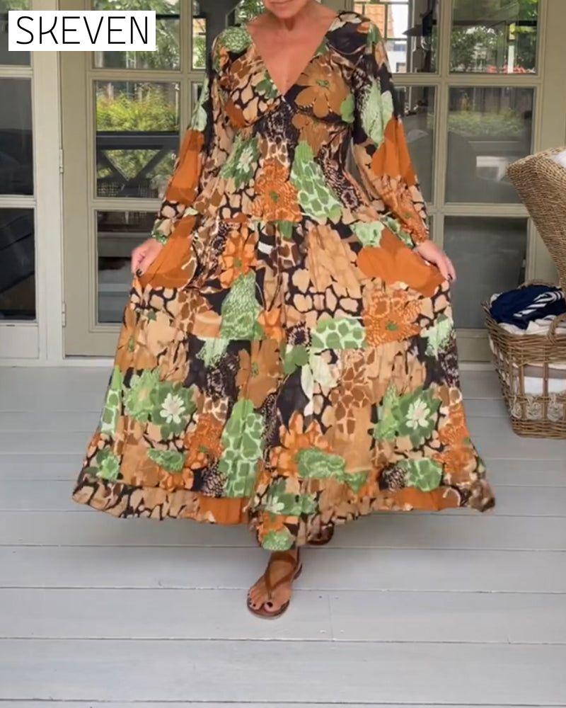 V neck long sleeve print dress