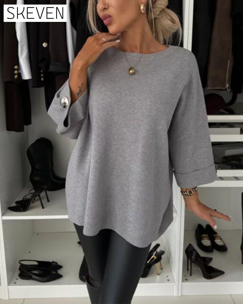 Fashion solid color round neck button pullover