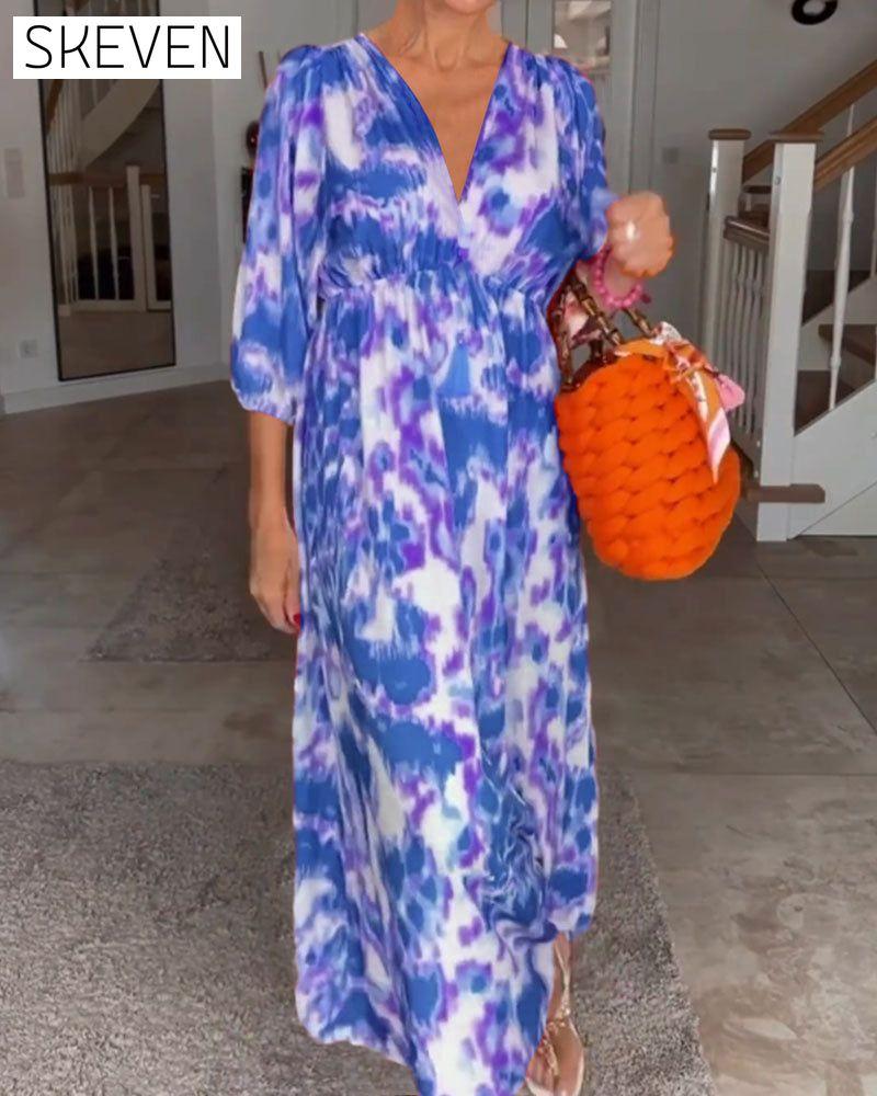 Modisches Kleid mit Print, V-Ausschnitt und 3/4-Ärmeln