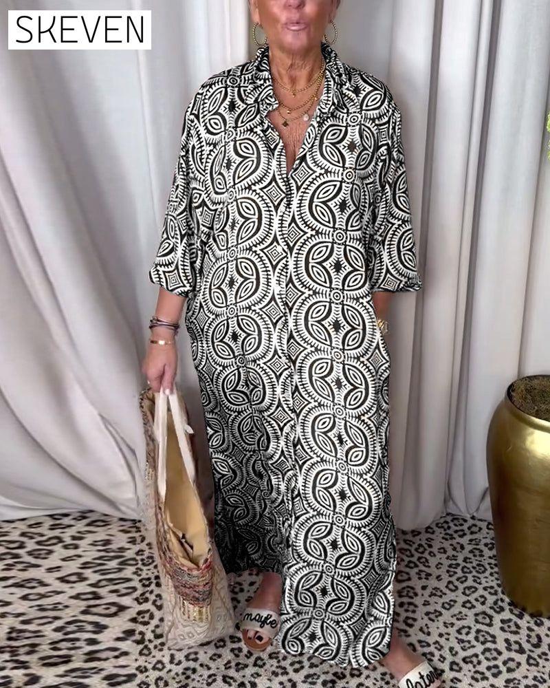 Vintage printed lapel pocket maxi dress