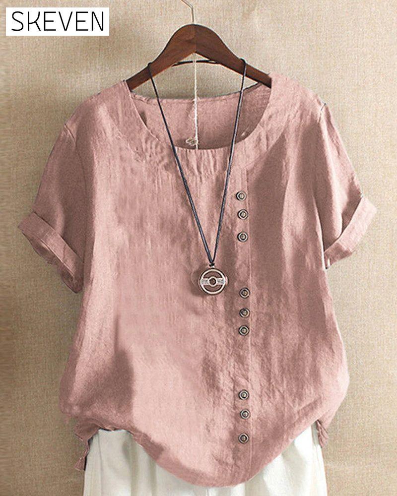 Solid Color Button Short Sleeve Top