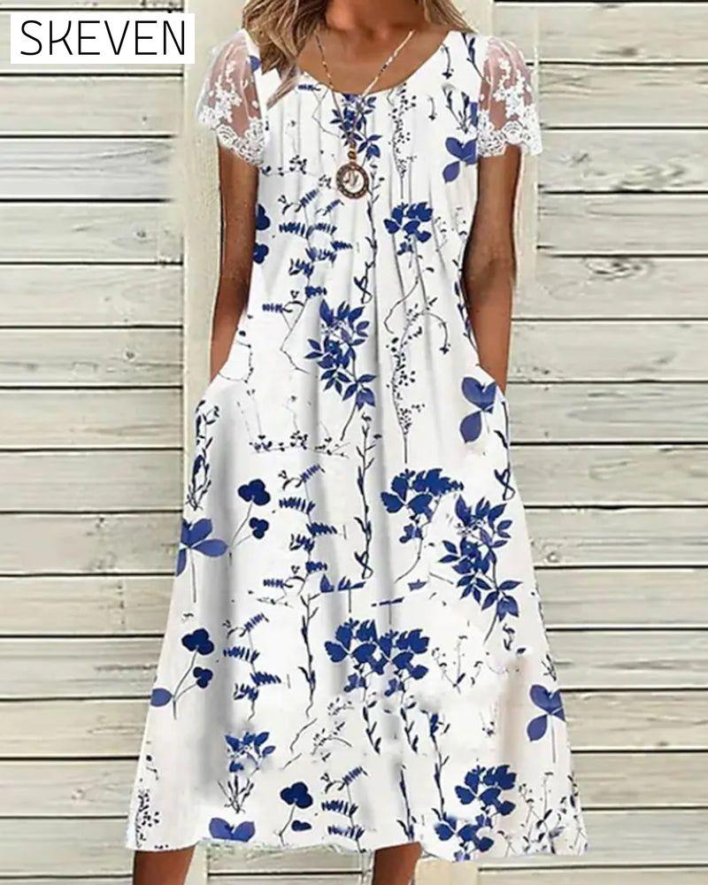 Lace sleeves floral print dress White 23BF Casual Dresses Clothes Dresses Spring Summer