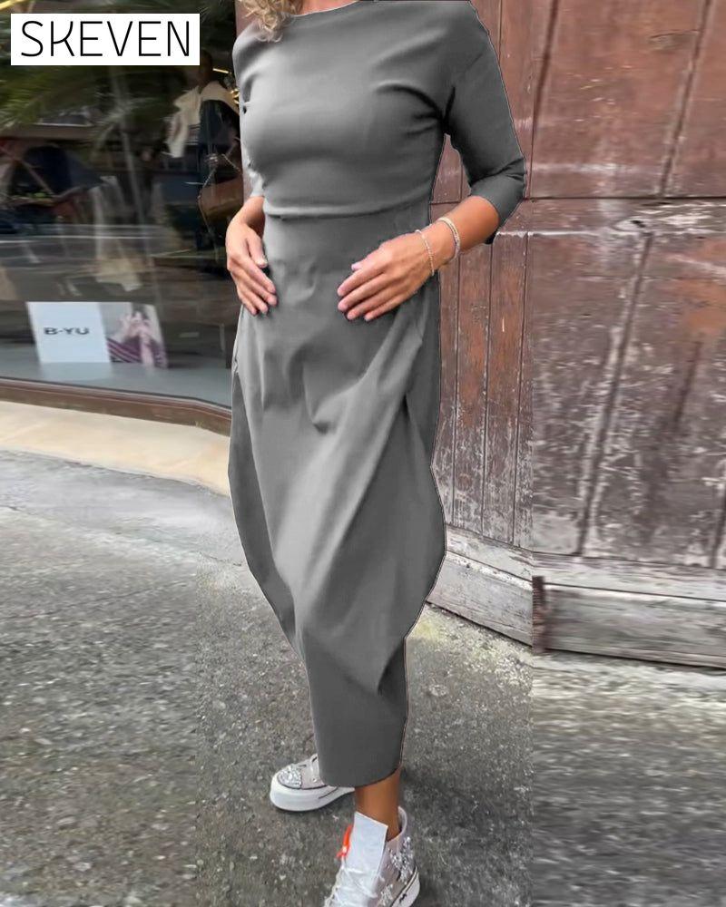 Simple solid color pocket long sleeve elegant dress