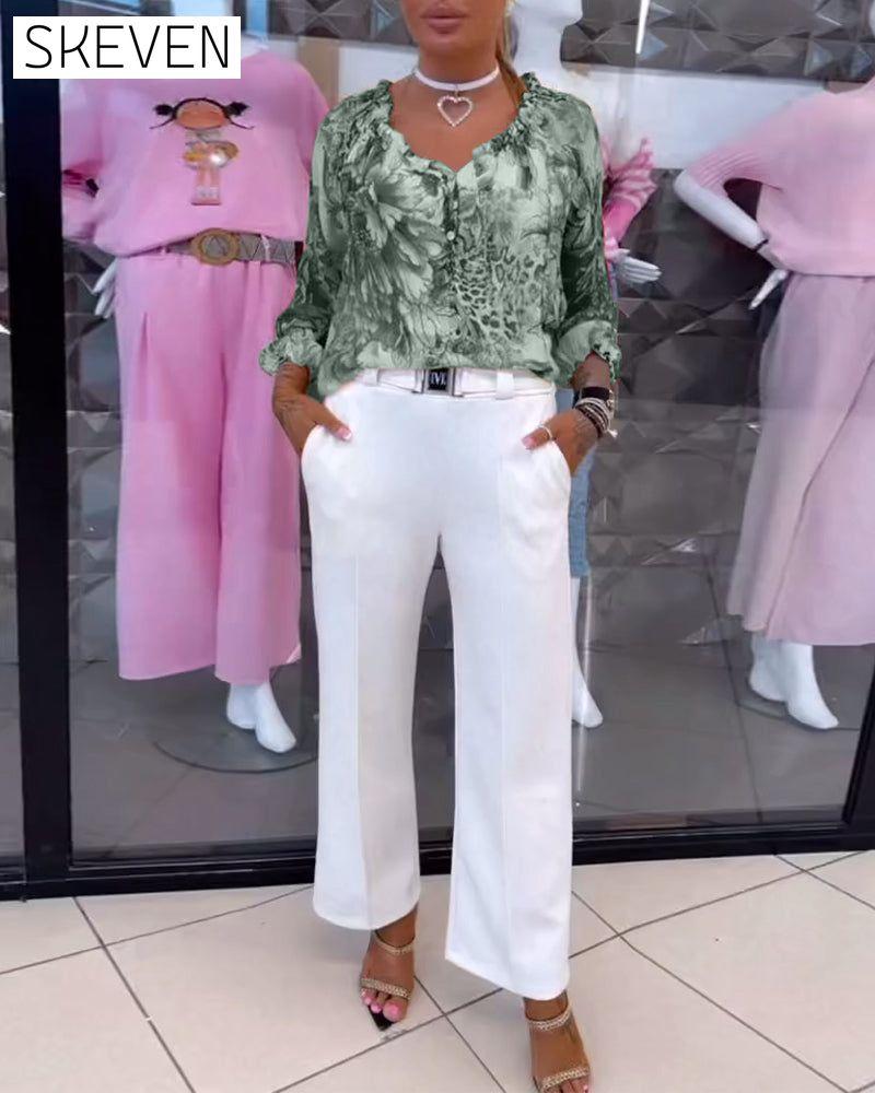 V-Neck Floral Print Blouse