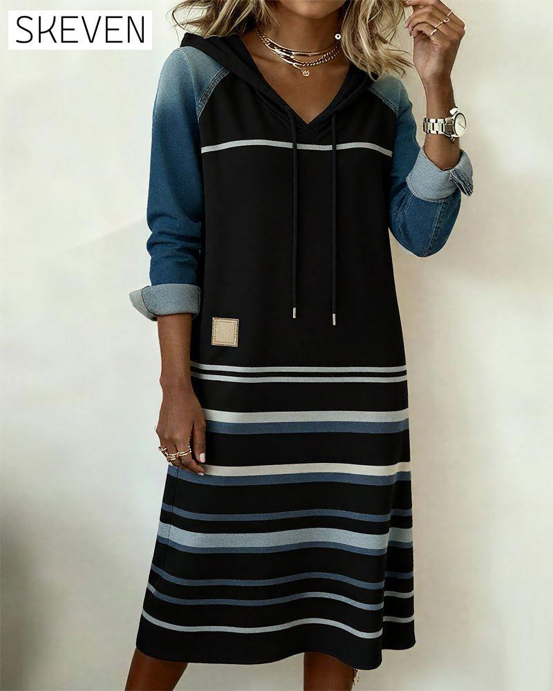 Kapuzenkleid mit Streifen und Farbblockmuster