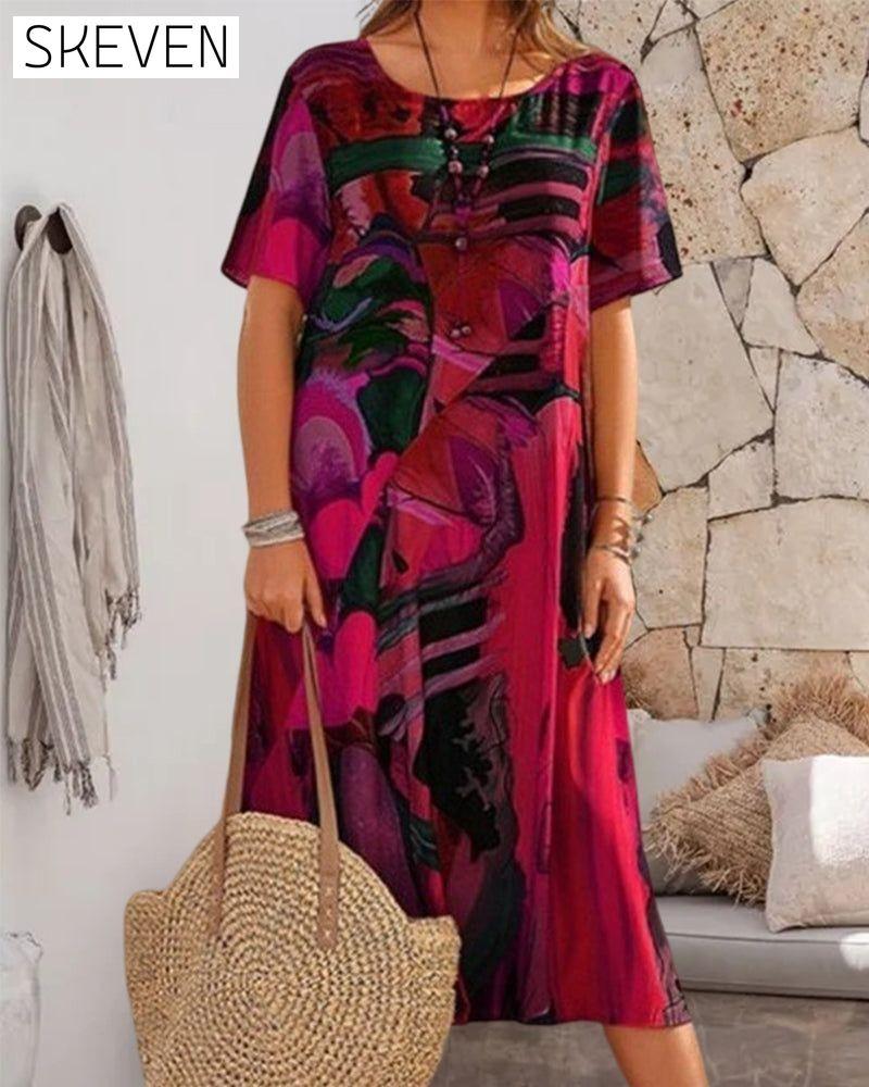 Round Neck Shift Dress in Geometric Print 23BF Casual Dresses Clothes Dresses Spring Summer