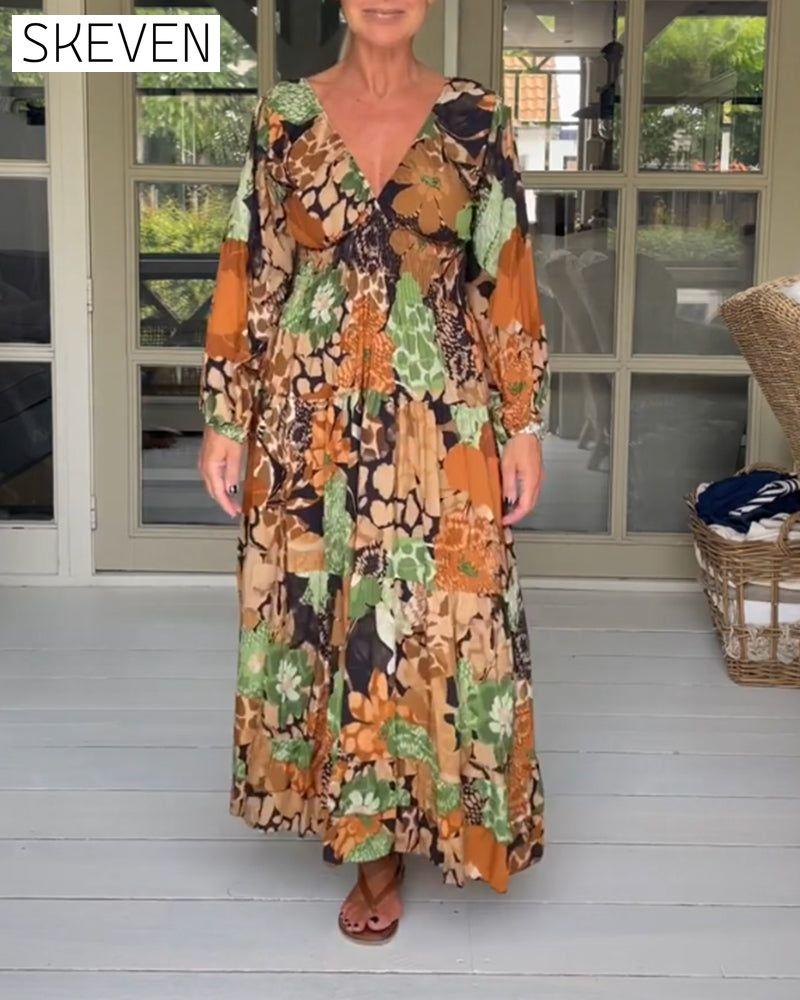 V neck long sleeve print dress