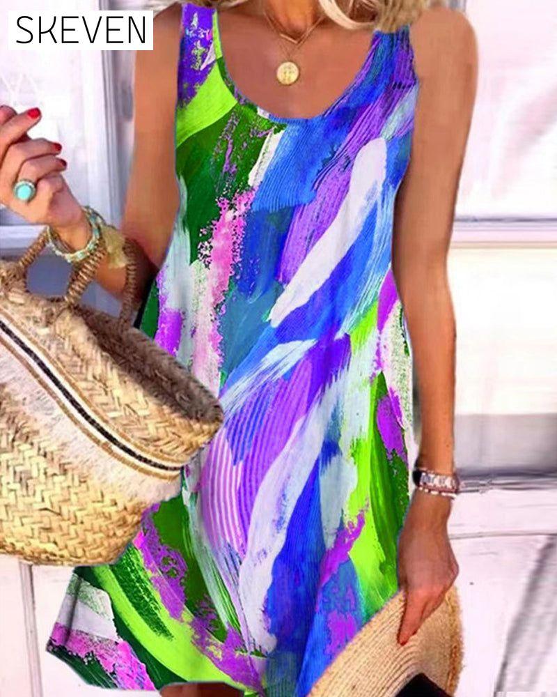 Sleeveless Dress with Color Block Print Blue 23BF Casual Dresses Clothes Dresses Spring Summer Vacation Dresses