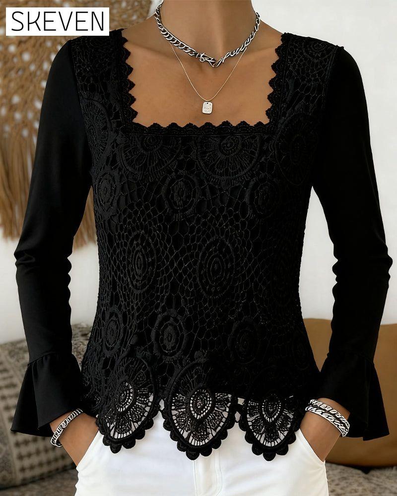 Gehäkelte Patchworkbluse mit weitem Ausschnitt