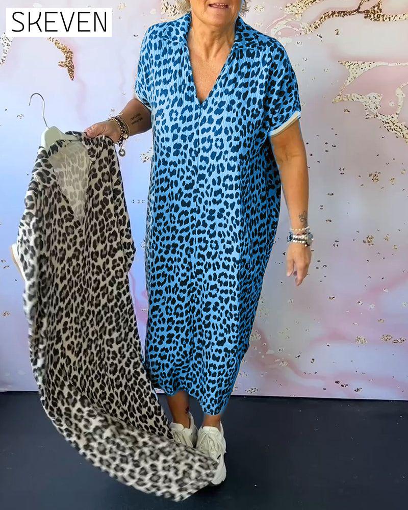 Leopardenmusterkleid mit V-Ausschnitt und kurzen Ärmeln 