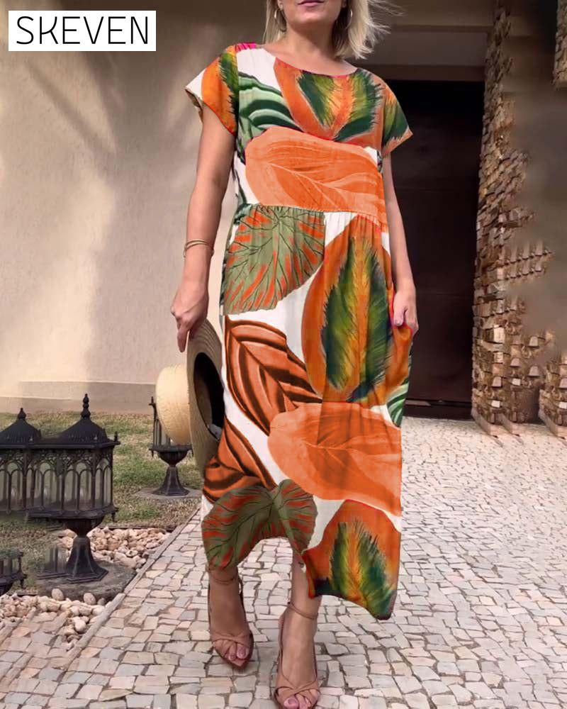 Leaf print short sleeve slit dress