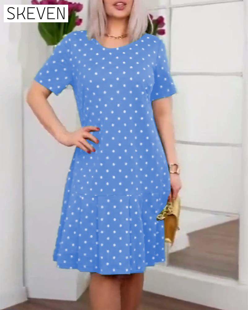 Polka dot print short sleeve casual dress Blue casual dresses summer