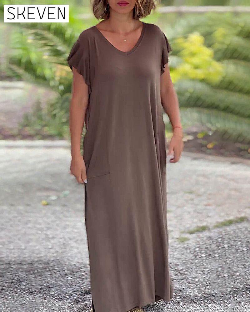 Einfarbiges, kurzes, langes Kleid mit Tasche