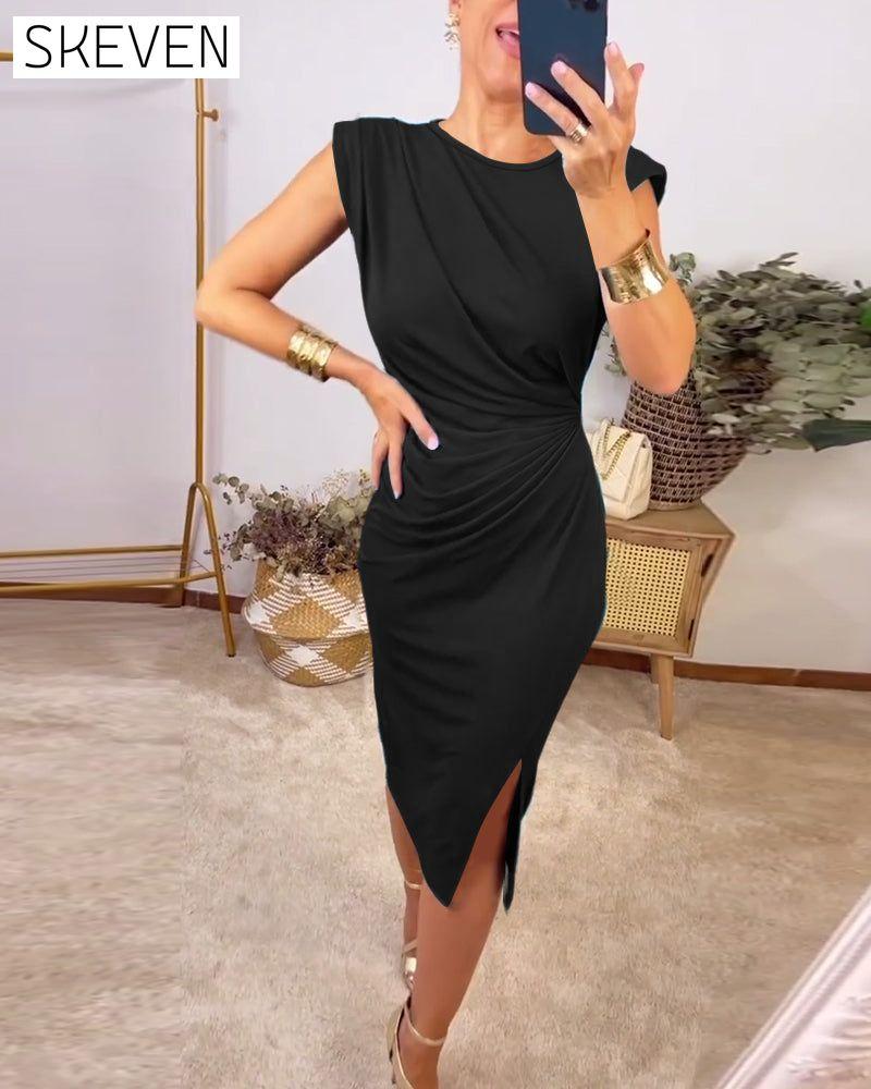 Robe plissée sans manches à fente, couleur unie