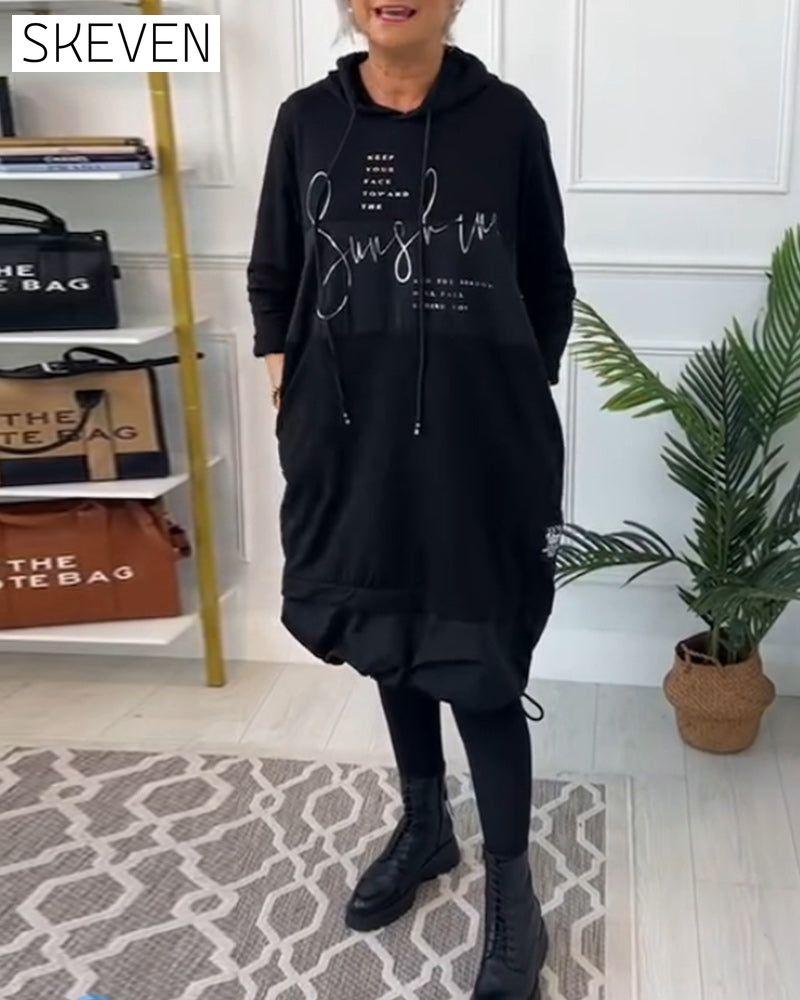 Casual color block letter print pocket hooded dress