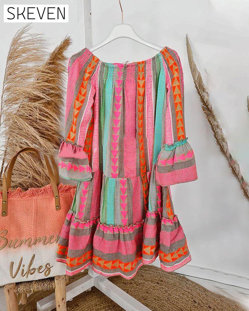 Bell Sleeve Boat neck Dress 23BF Casual Dresses Clothes Dresses Spring Summer