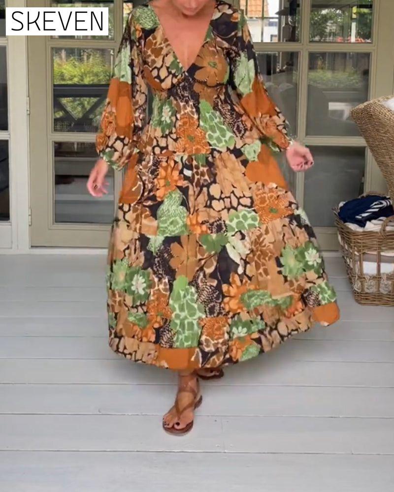 V neck long sleeve print dress