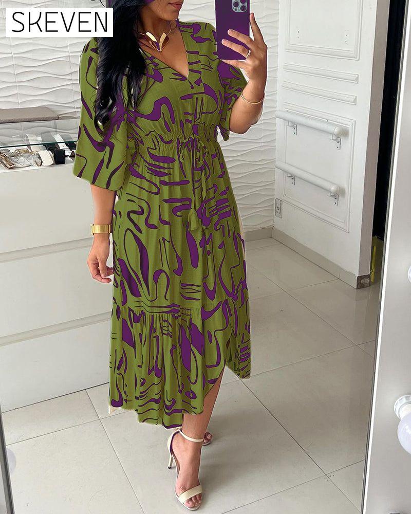 V-neck waist ink print dress