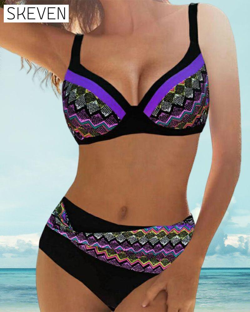 Hög Midja Push-up-Bikinis mit Streifendruck