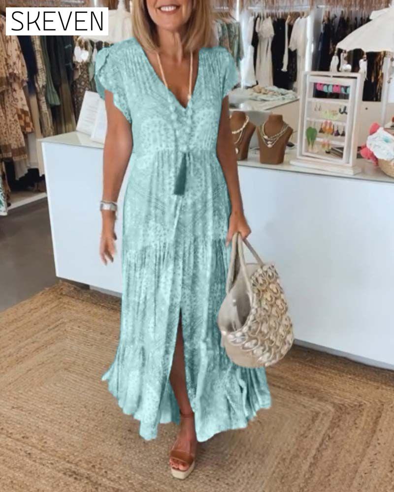 Vacation print V-neck split sleeve dress