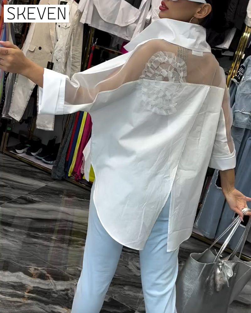 Lapel lace stitching flower blouse