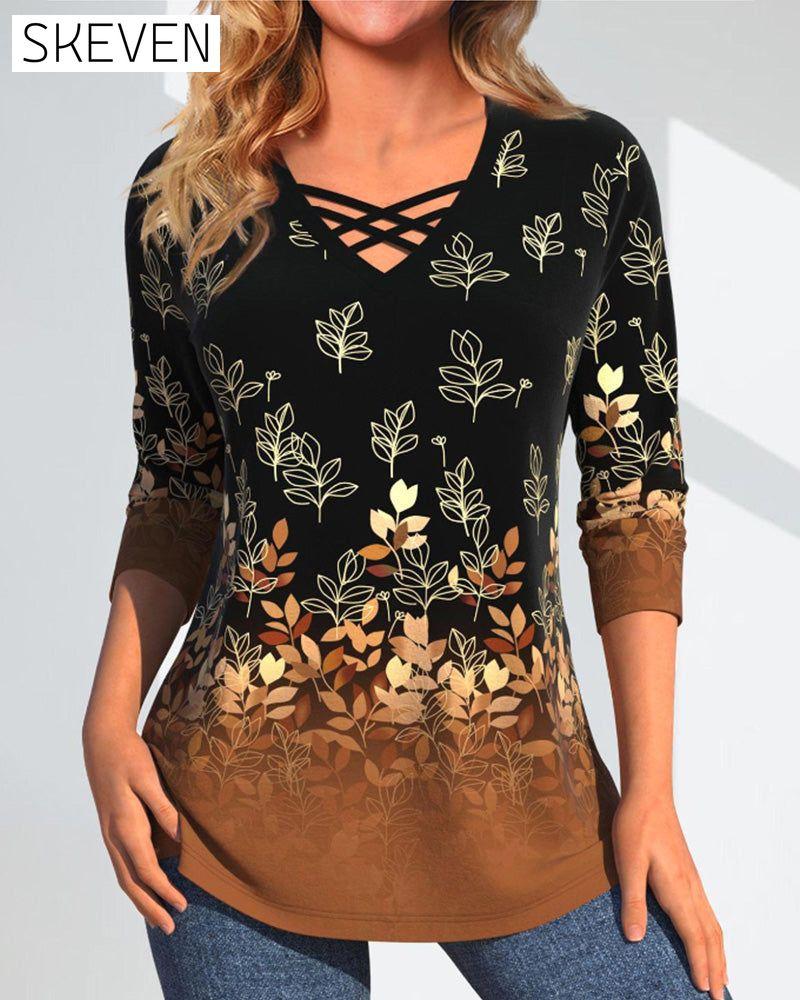 Long Sleeve Leaf Print Tops