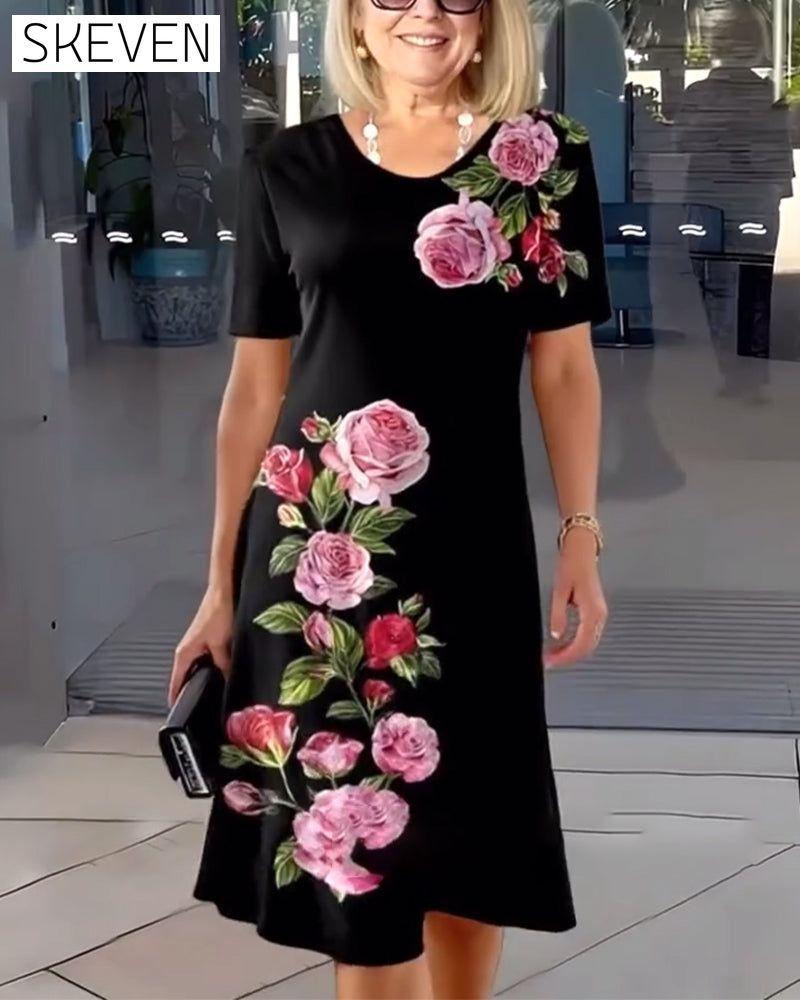 Short Sleeve Rose Print Shift Dress