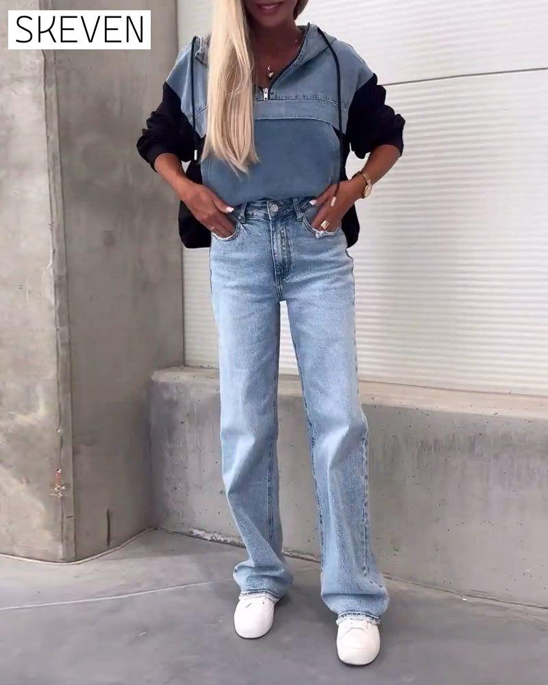 Casual denim patchwork zipper hoodie