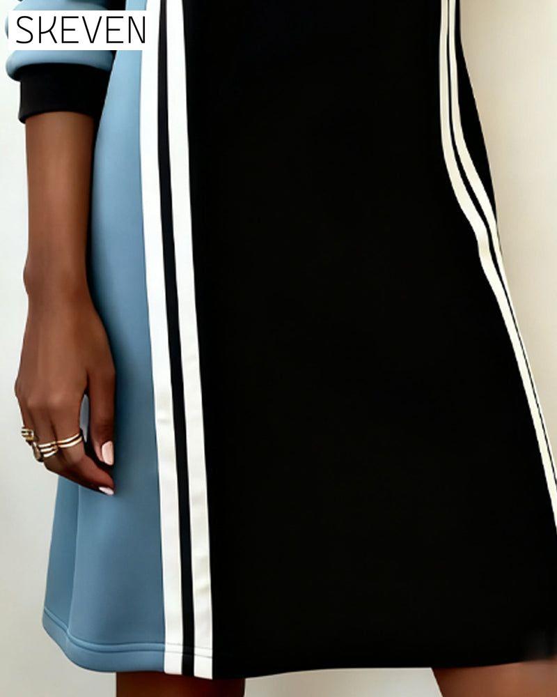 Long-Sleeved Color Block Round Neck Straight Dress