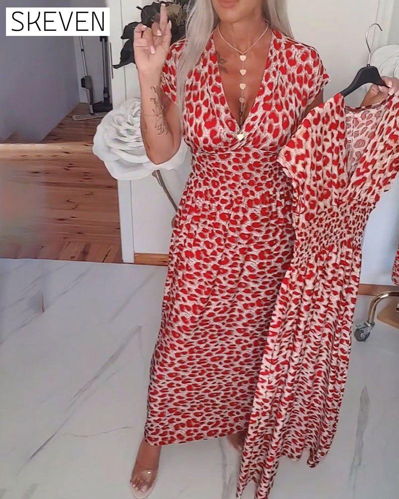 Elegantes Kleid mit Leopardenmuster und V-Ausschnitt