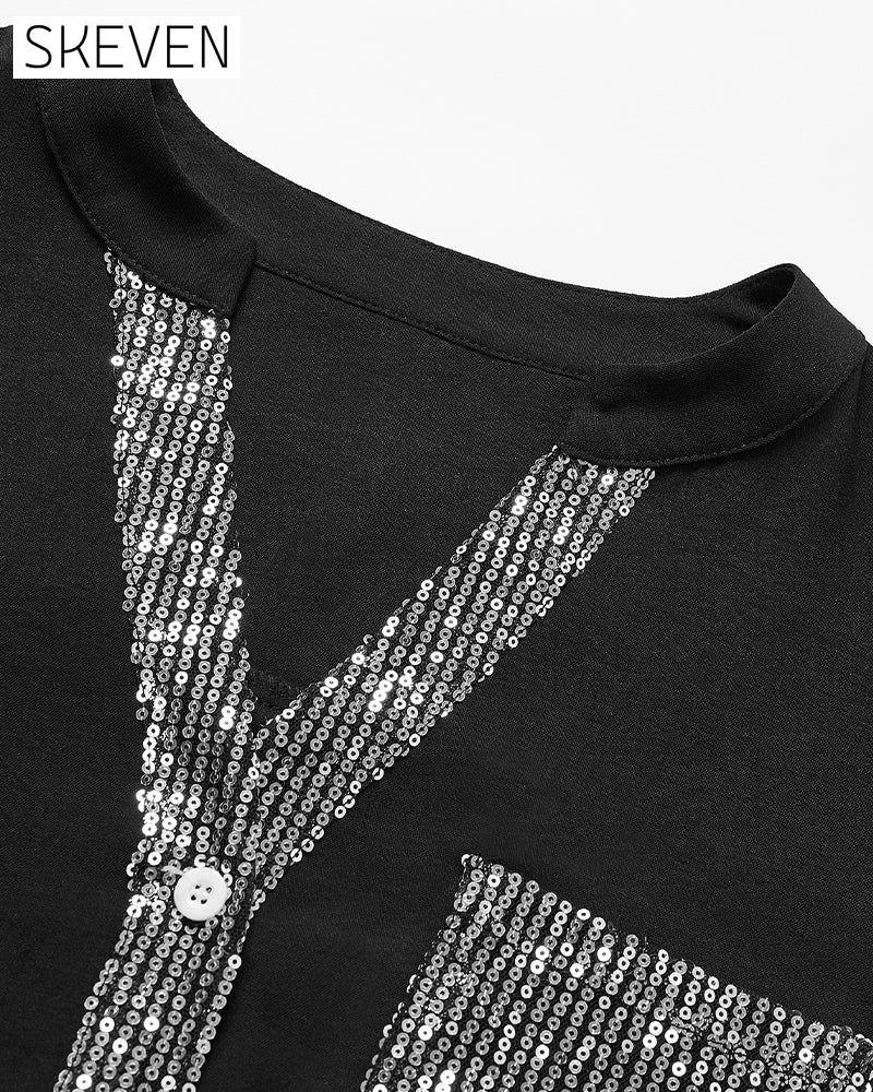 Paneled sequin button casual top