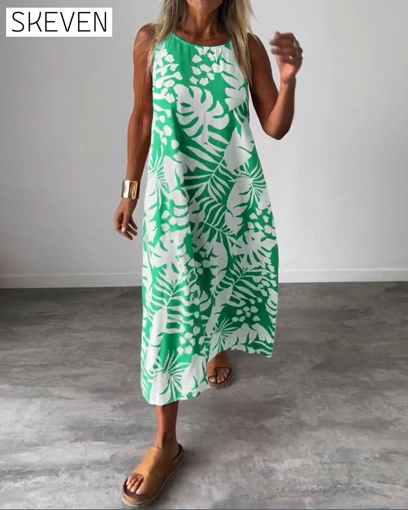 Leaf print casual sleeveless dress