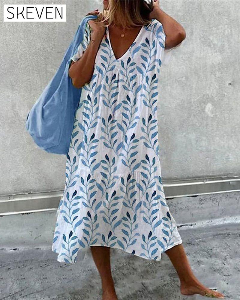 V-neck printed short-sleeved dress Blue 23BF Casual Dresses Clothes Dresses SALE Summer