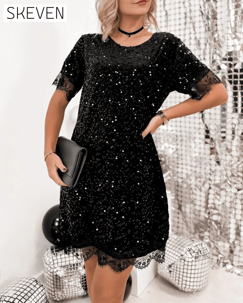 Paillettenbesetztes Kurzarmkleid im Patchwork-Stil