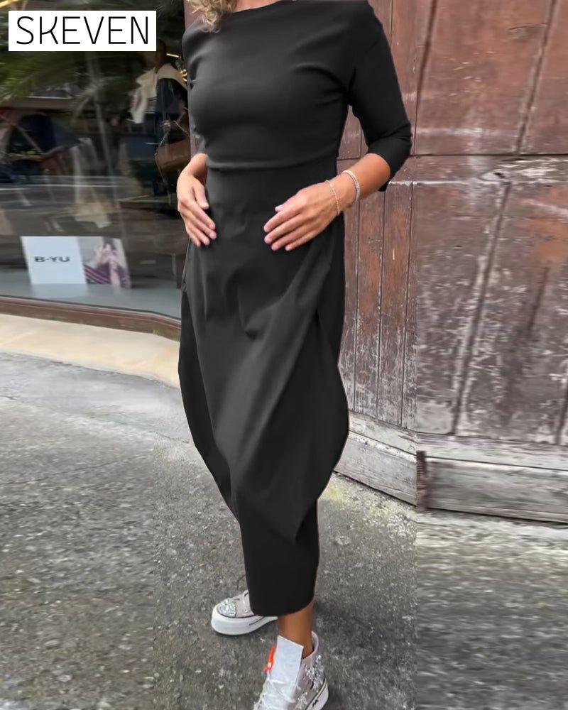 Simple solid color pocket long sleeve elegant dress