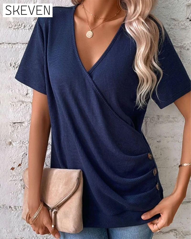 V Neck Front Cross Button Detail T-Shirt Navy Blue 23BF clothes SALE Short Sleeve Tops Spring Summer T-shirts Tops/Blouses
