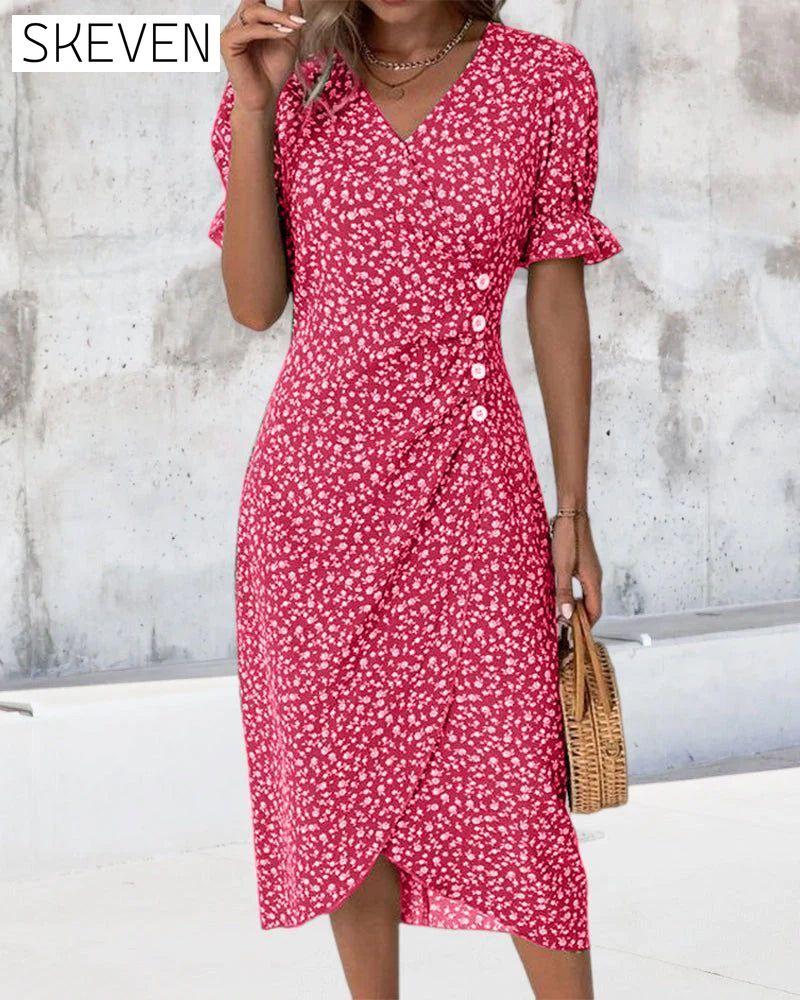 Floral print button short sleeve dress Red 23BF Casual Dresses Clothes Dresses SALE Summer