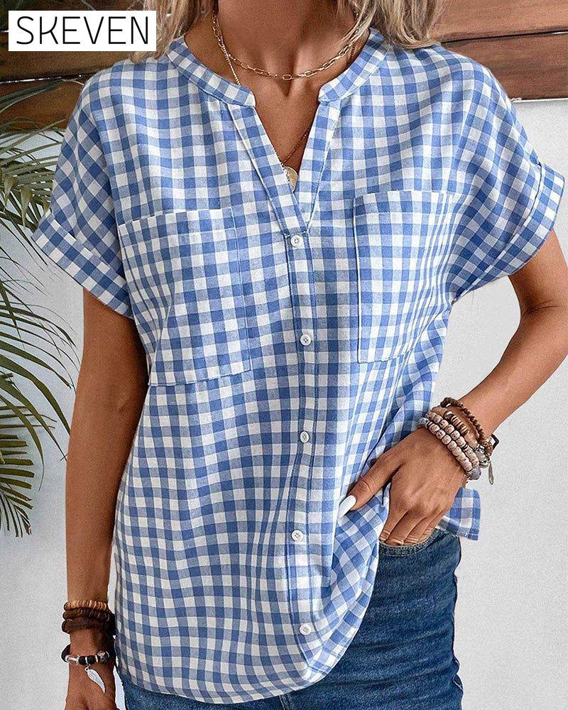 V-neck plaid print blouse