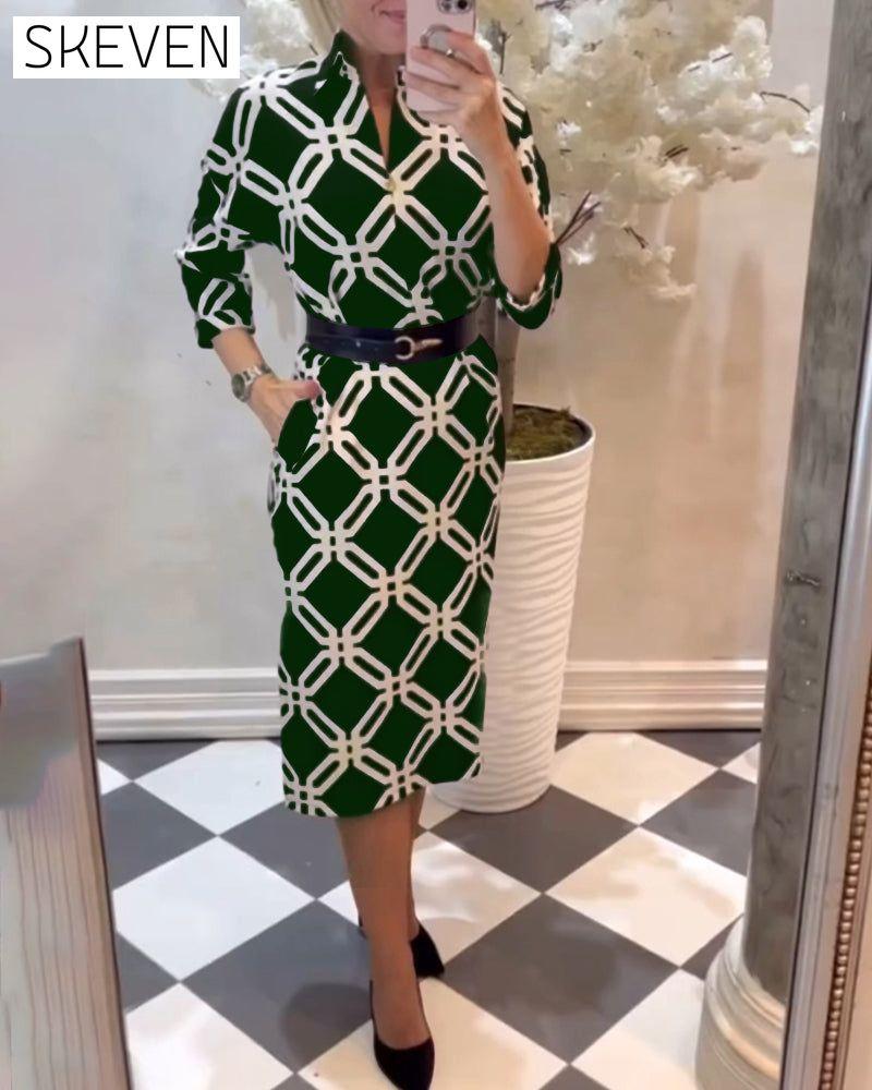 Geometric print side slit elegant dress
