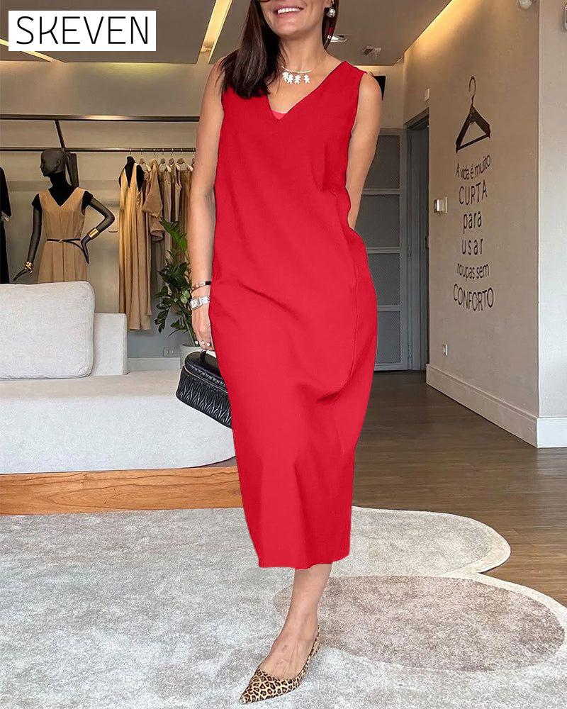 Robe décontractée sans manches à col en V et fente unie