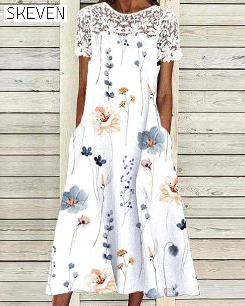 Printed lace short sleeve dress White Casual Dresses Clothes Dresses SALE Spring Summer