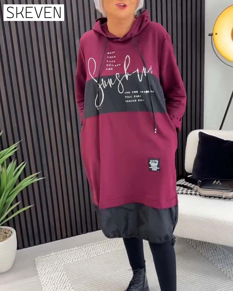 Casual color block letter print pocket hooded dress