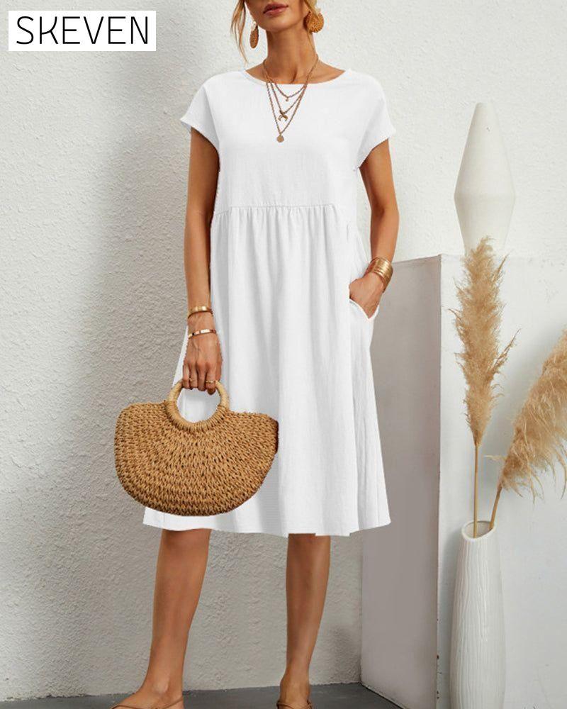 Round neck loose cotton and linen dress White 23BF casual dresses Clothes Cotton and Linen discount Dresses Spring summer