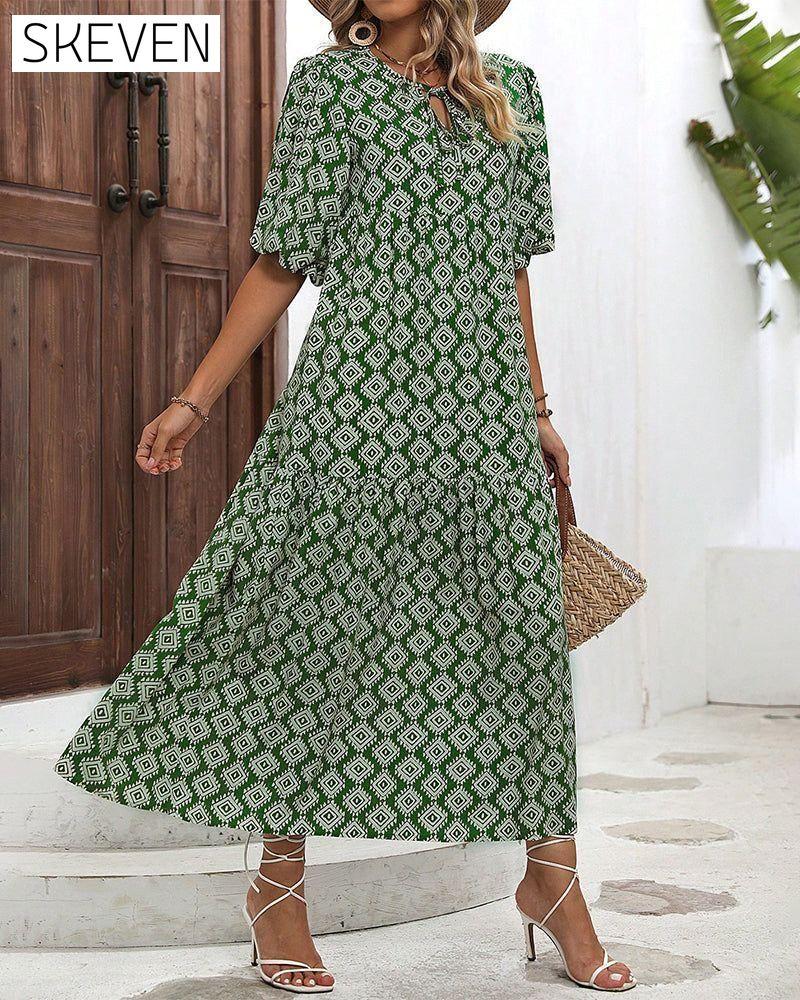 Vintage geometric print long dress Green 23BF Casual Dresses Clothes Dresses SALE Spring Summer