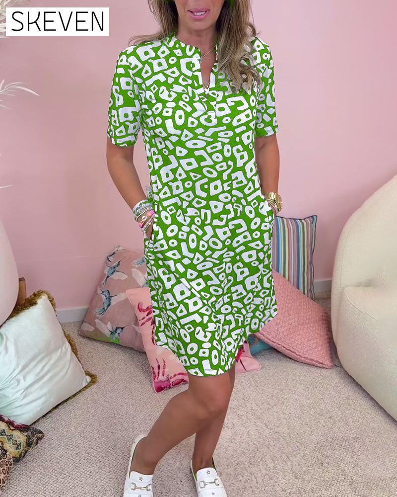 Printed pocket V-neck casual dress