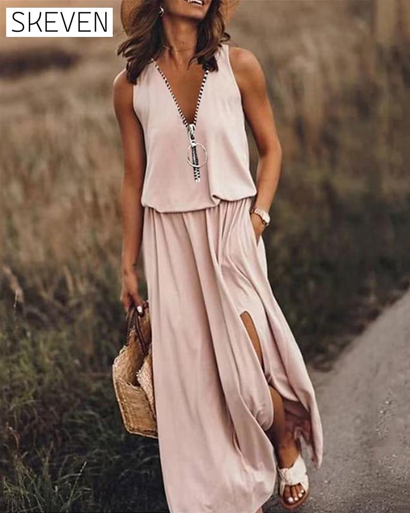 V Neck Zipper Dress