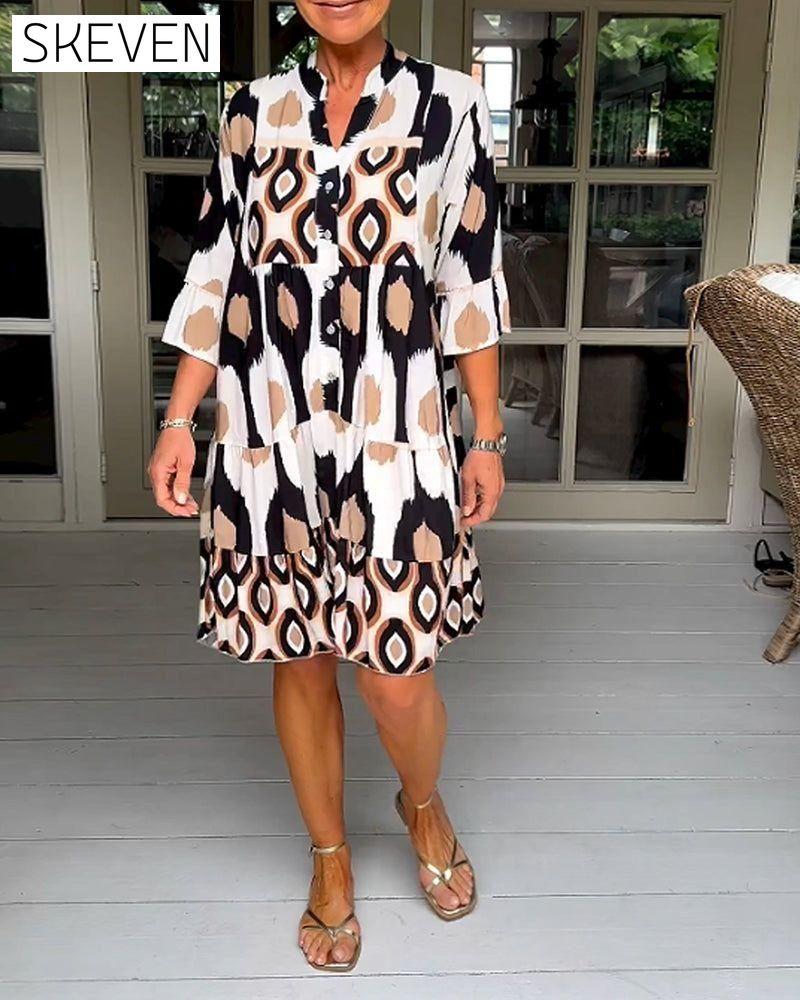 Printed 3/4 Sleeve Dress White 23BF Casual Dresses Clothes discount Dresses Spring Summer