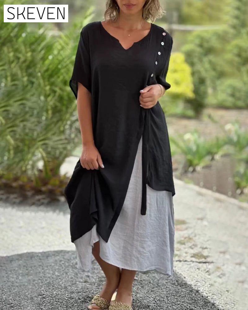 Casual Asymmetrical Dress with Short Sleeves Black 23BF Casual Dresses Clothes Dresses Spring Summer