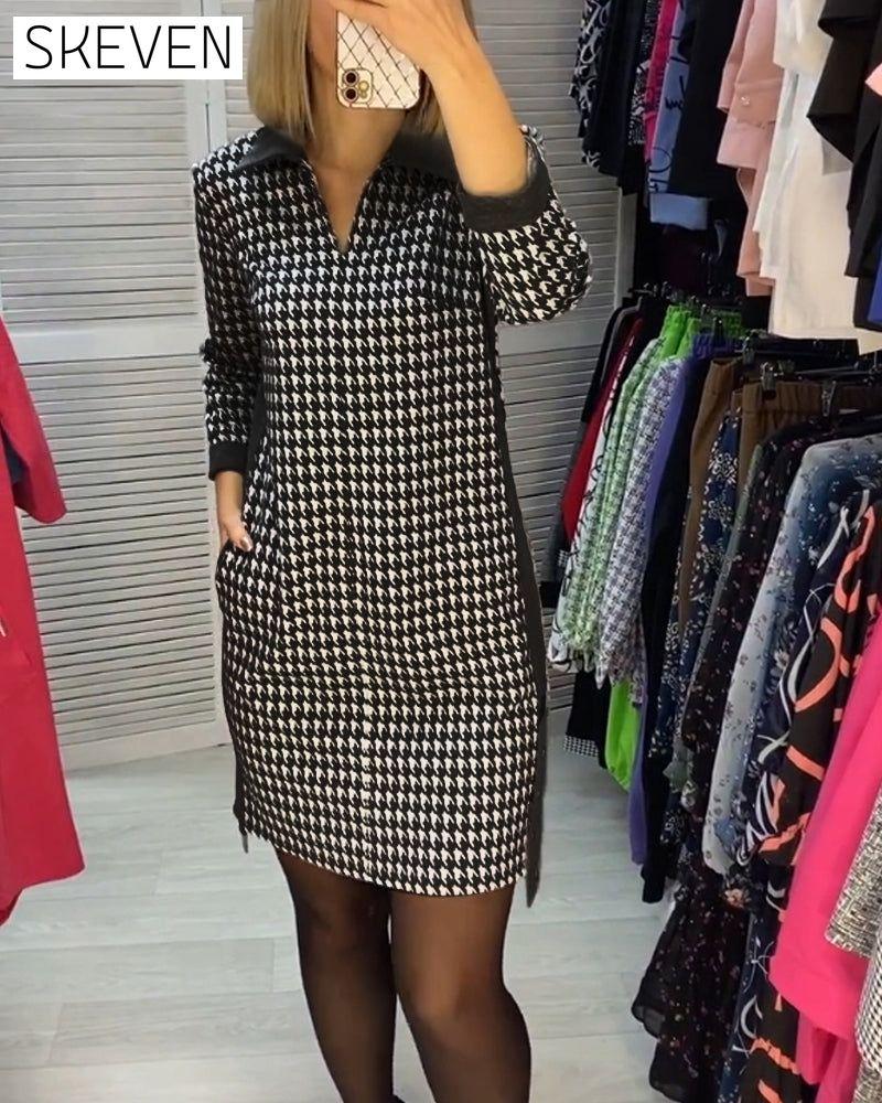 Kleid mit Reverskragen, Tasche und Karomuster